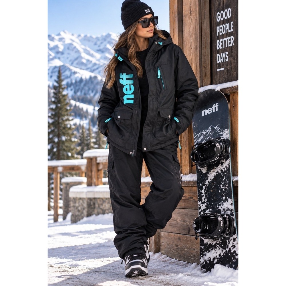Neff Outerwear Snowboard Ski Jacket Large Black Blue Hooded Unisex Y2K